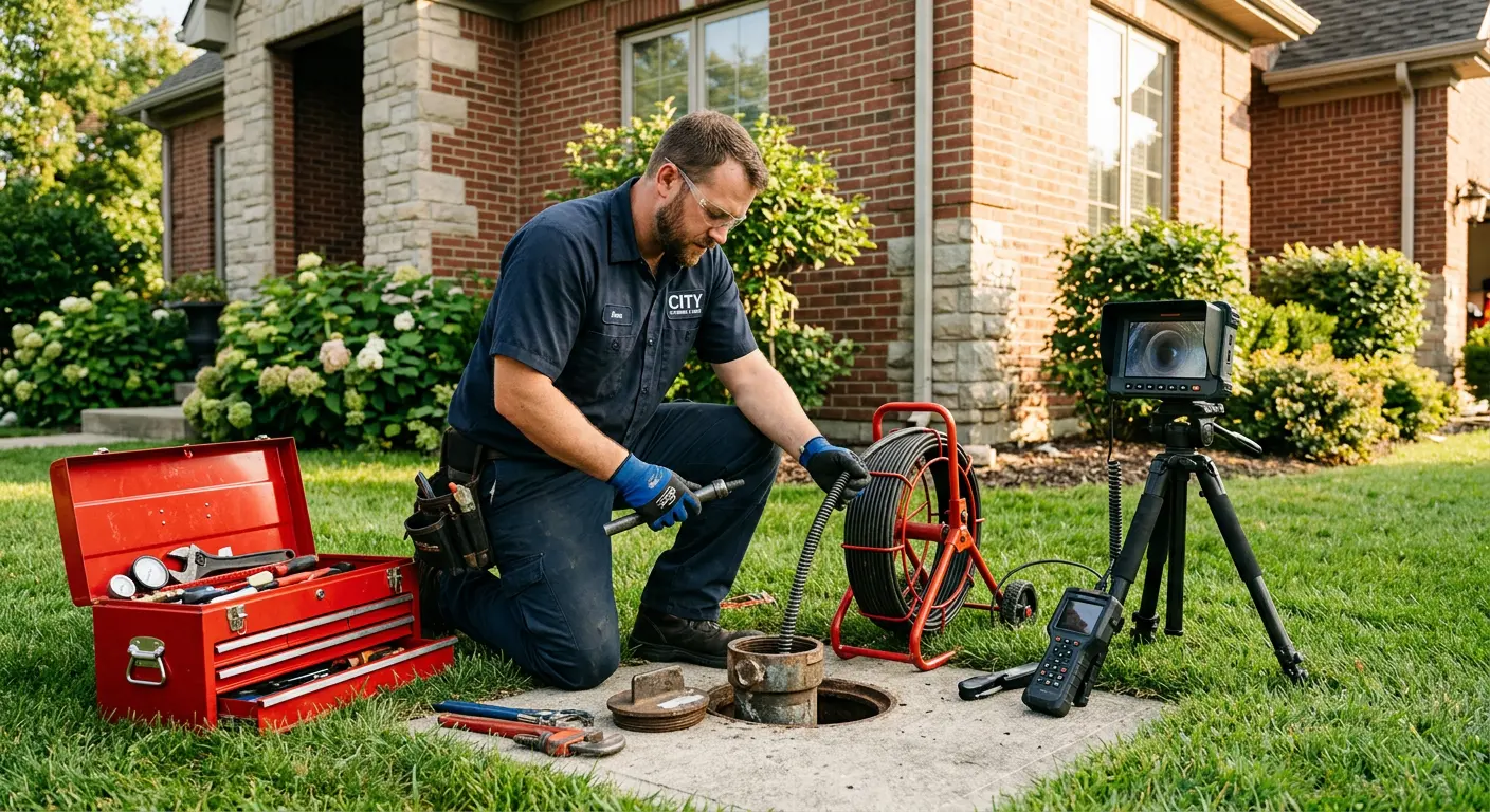 Sewer specialist with camera equipment servicing a cleanout in Murphysboro
