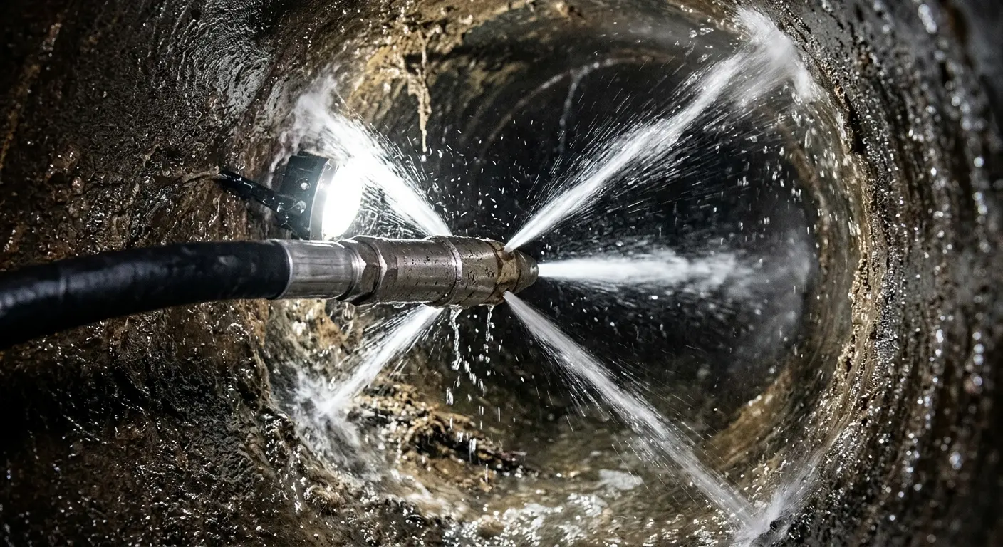 High-pressure hydro jetting nozzle cleaning sewer pipe for Emergency Drain Service in Murphysboro