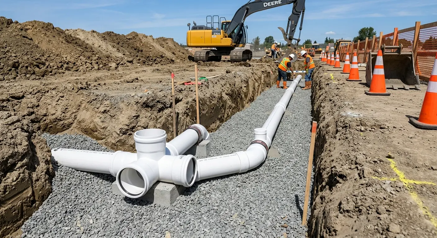 New PVC sewer pipe installation in open trench for Sewer Backup in Murphysboro