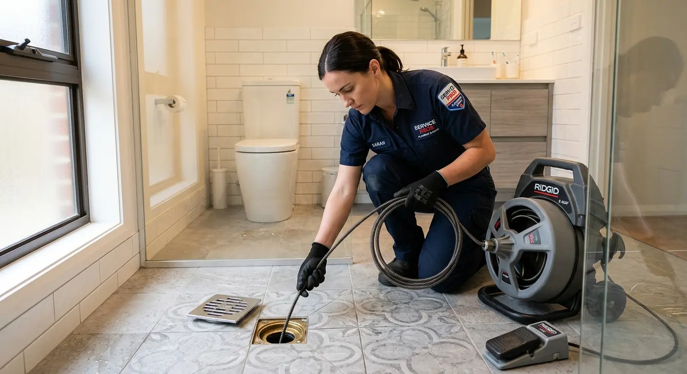 Technician clearing a bathroom floor drain for Clogged Drain Repair in Murphysboro